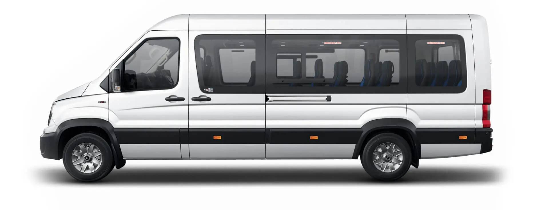 Side profile of the long-wheelbase Force Urbania passenger van